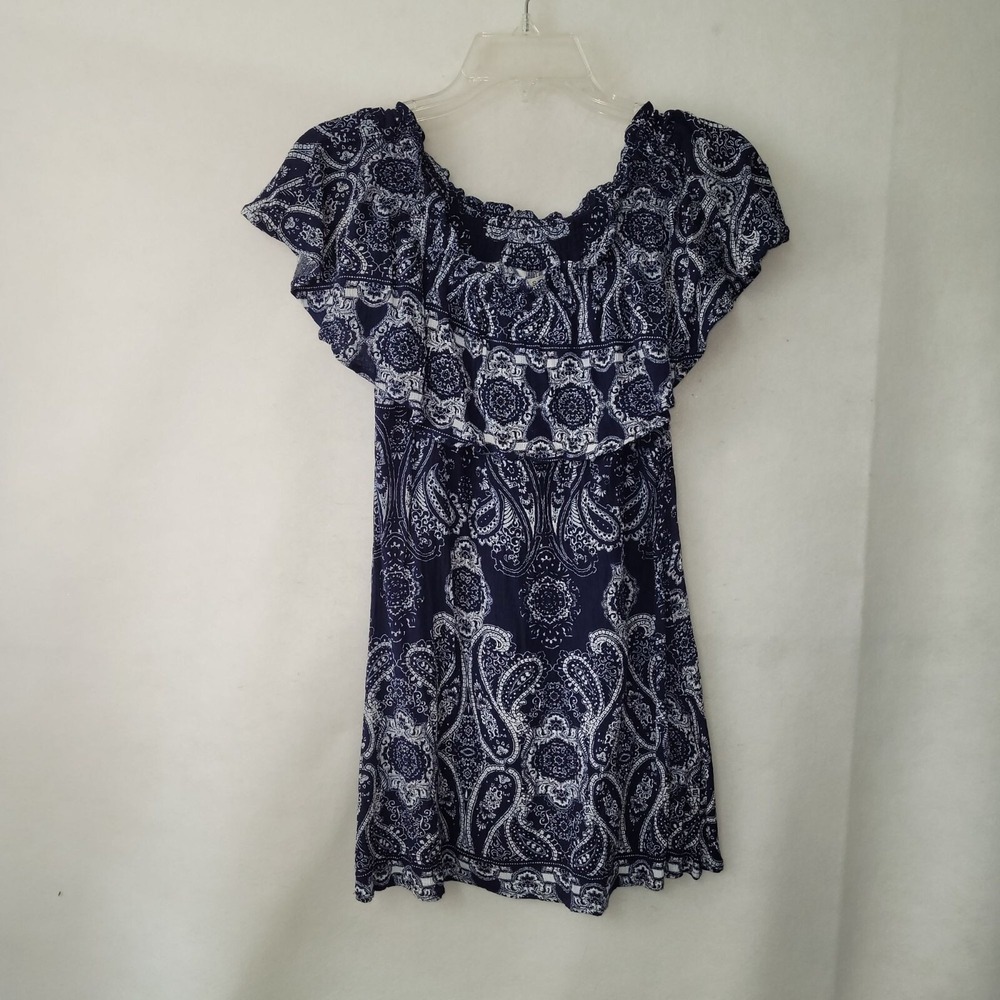 Ci Sono Navy White Paisley Off Shoulder Ruffle Mini Dress‎ Small DR7094 Boho